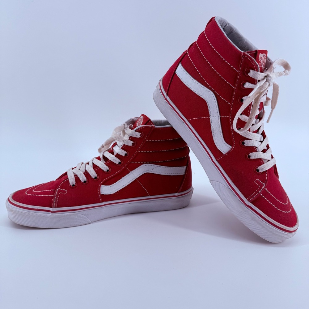 Vans Sk8-Hi High Top Sneakers Red White Canvas Skate Shoes Mens 8 Womens 9.5